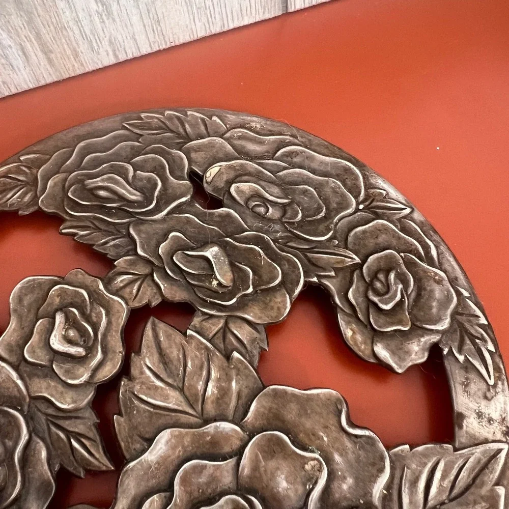 Vintage Silver Tone Metal Rose Floral Trivet Round Hot Plate 8 Inch Cottagecore